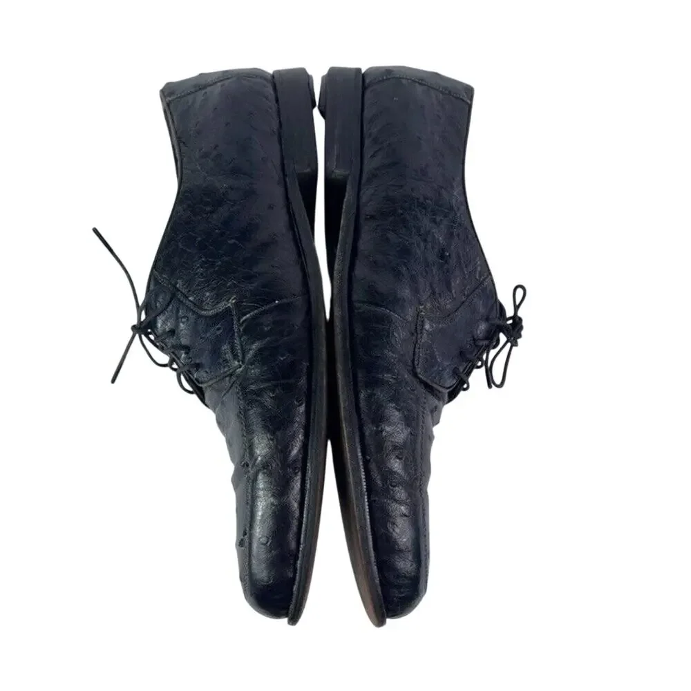 Calcaterra Shoes Mens 9 D Ostrich Dark Blue Leather Oxfords Lace Up Moc Toe